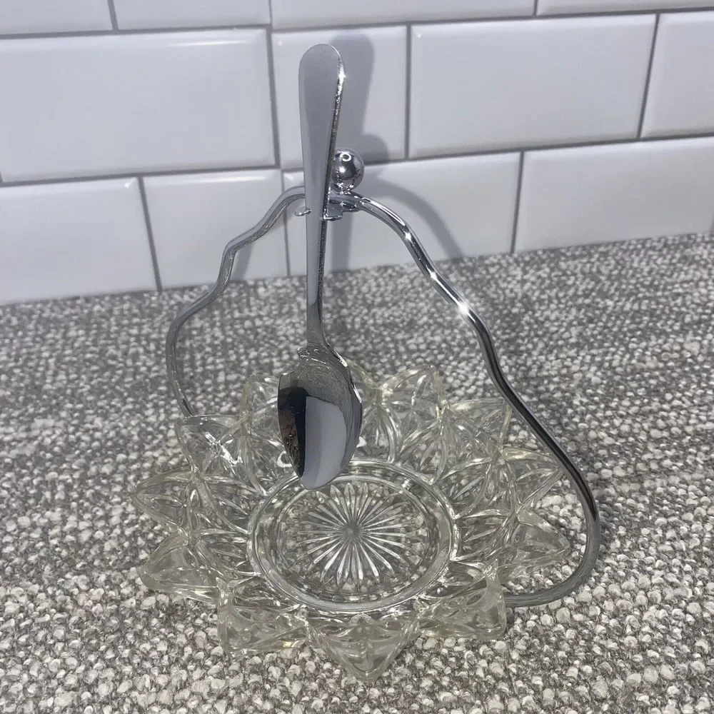 Vintage Sheffield Glass Jam Relish  Dish‎ Set with Stand and Spoon